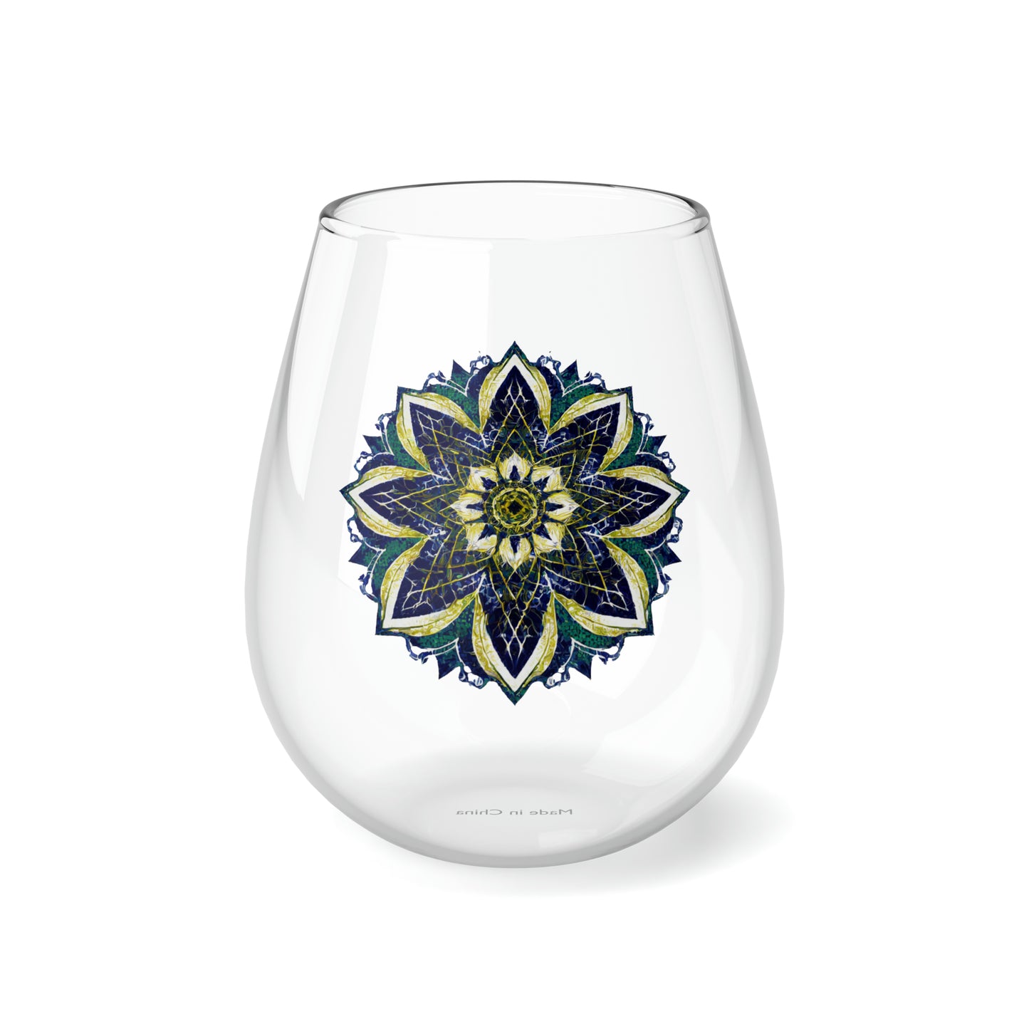 Blue and Yellow Mandala Stemless Wine Glass