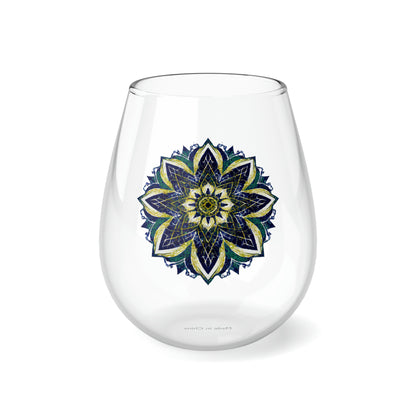 Blue and Yellow Mandala Stemless Wine Glass