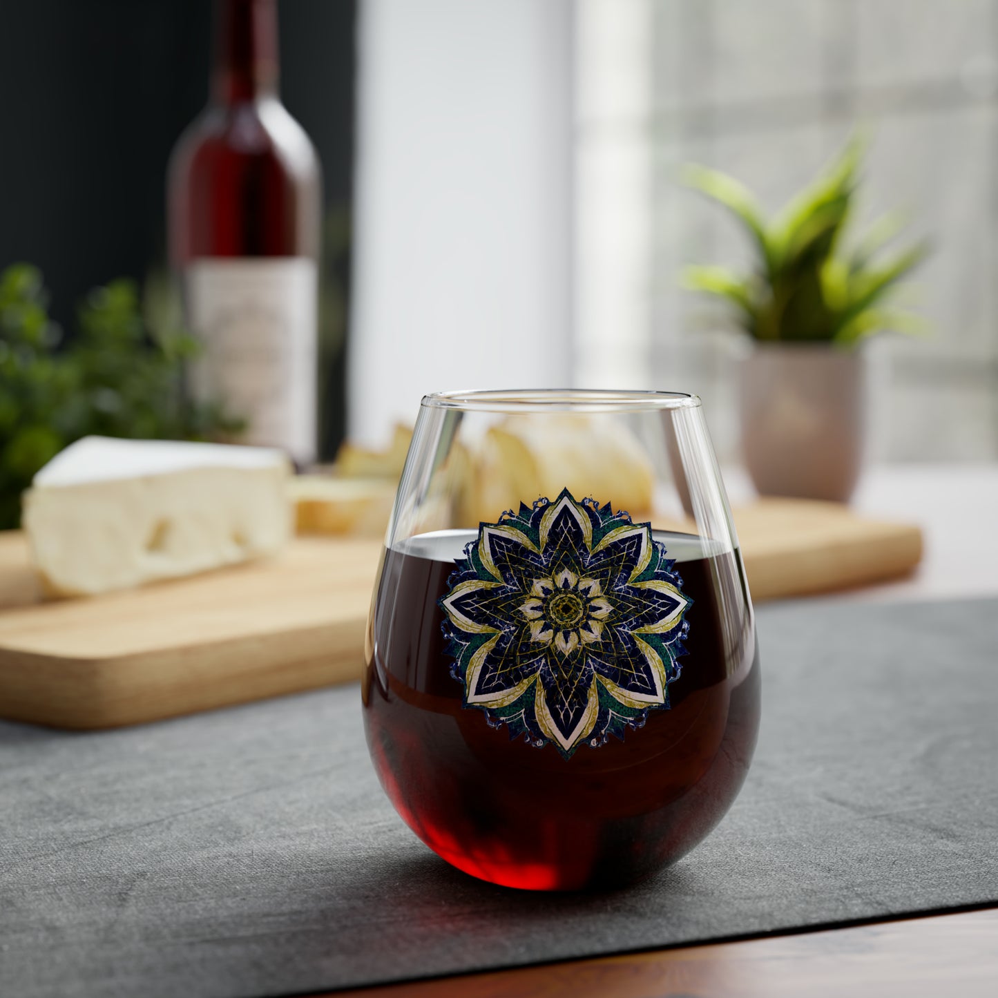 Blue and Yellow Mandala Stemless Wine Glass