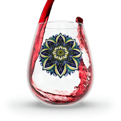 Blue and Yellow Mandala Stemless Wine Glass